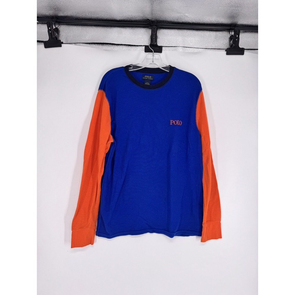 Polo Ralph Lauren Thermal Shirt Colorblock Blue Orange Long Sleeve Waffle Knit L